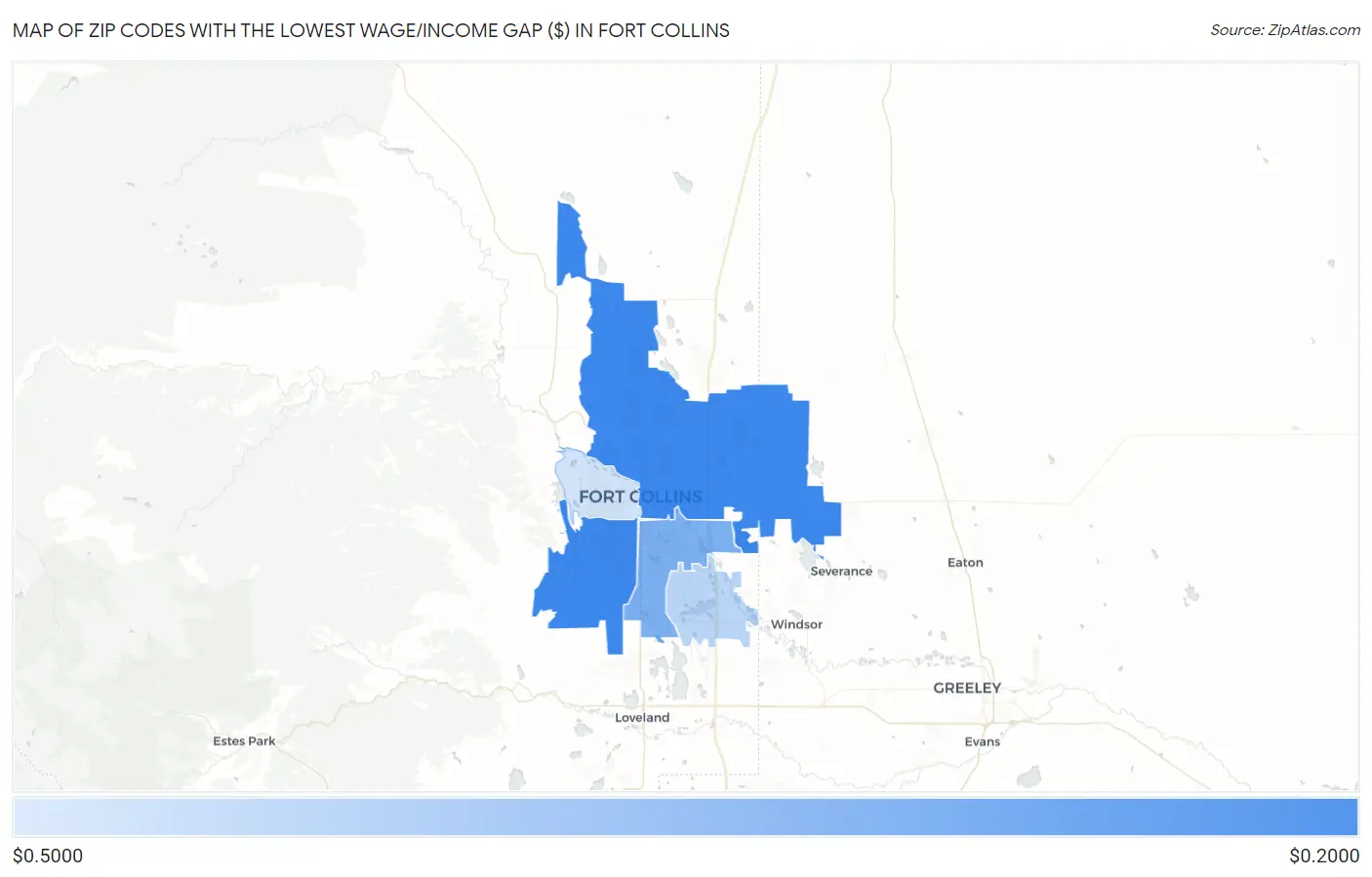 Zip Codes with the Lowest Wage/Income Gap ($) in Fort Collins Map