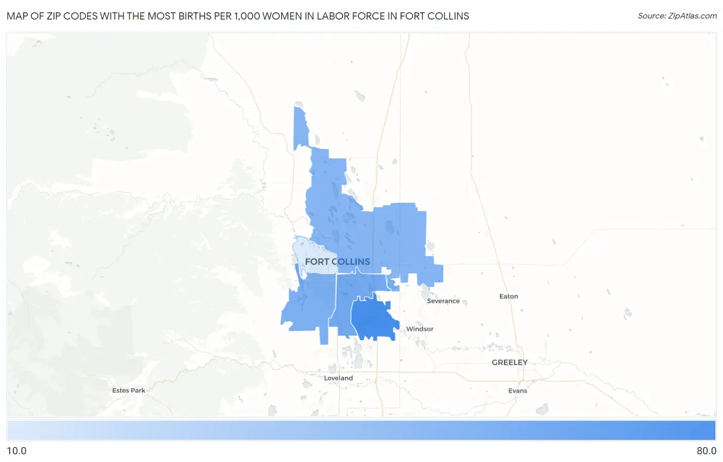 Zip Codes with the Most Births per 1,000 Women in Labor Force in Fort Collins Map