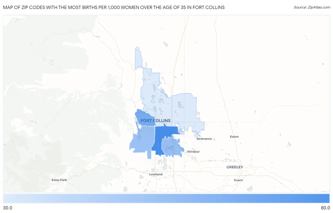 Zip Codes with the Most Births per 1,000 Women Over the Age of 35 in Fort Collins Map