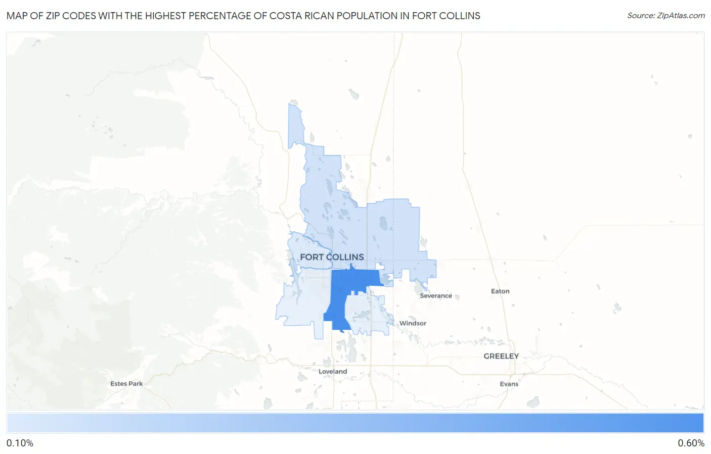 Zip Codes with the Highest Percentage of Costa Rican Population in Fort Collins Map