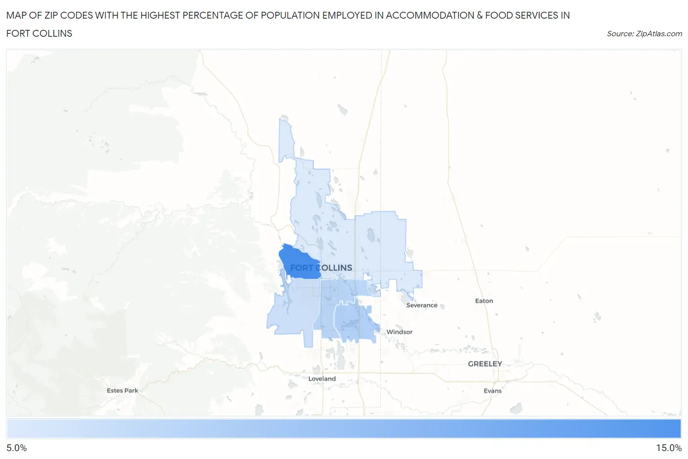 Zip Codes with the Highest Percentage of Population Employed in Accommodation & Food Services in Fort Collins Map