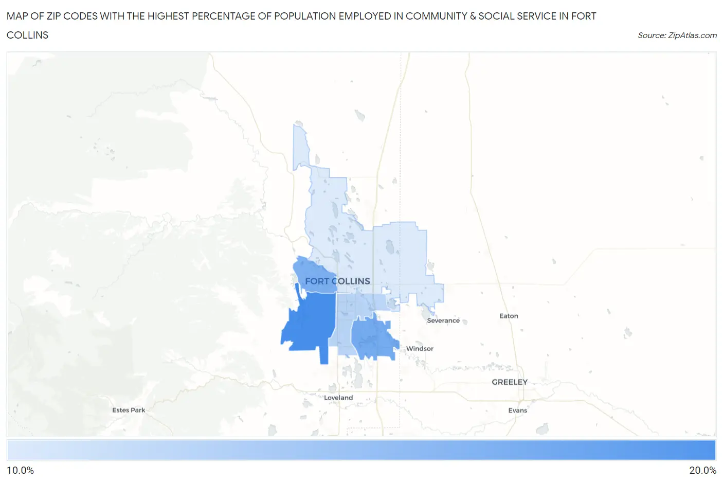 Zip Codes with the Highest Percentage of Population Employed in Community & Social Service  in Fort Collins Map
