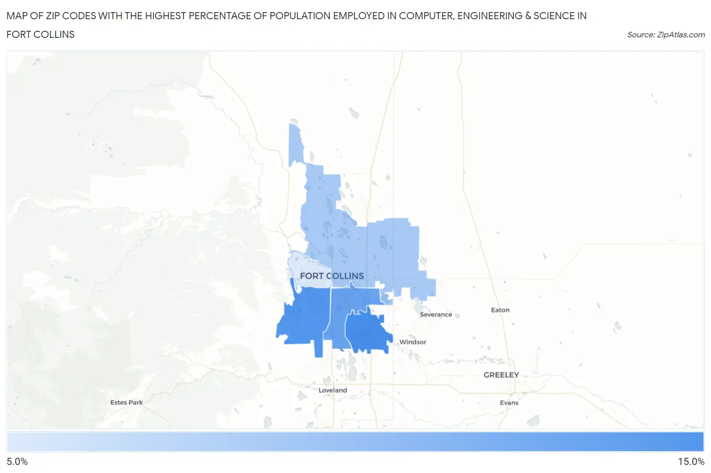 Zip Codes with the Highest Percentage of Population Employed in Computer, Engineering & Science in Fort Collins Map