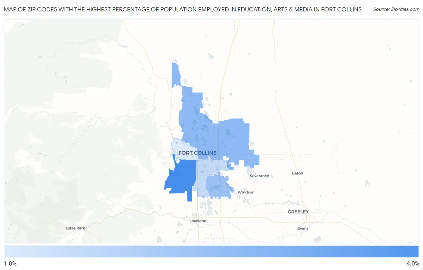 Zip Codes with the Highest Percentage of Population Employed in Education, Arts & Media in Fort Collins Map