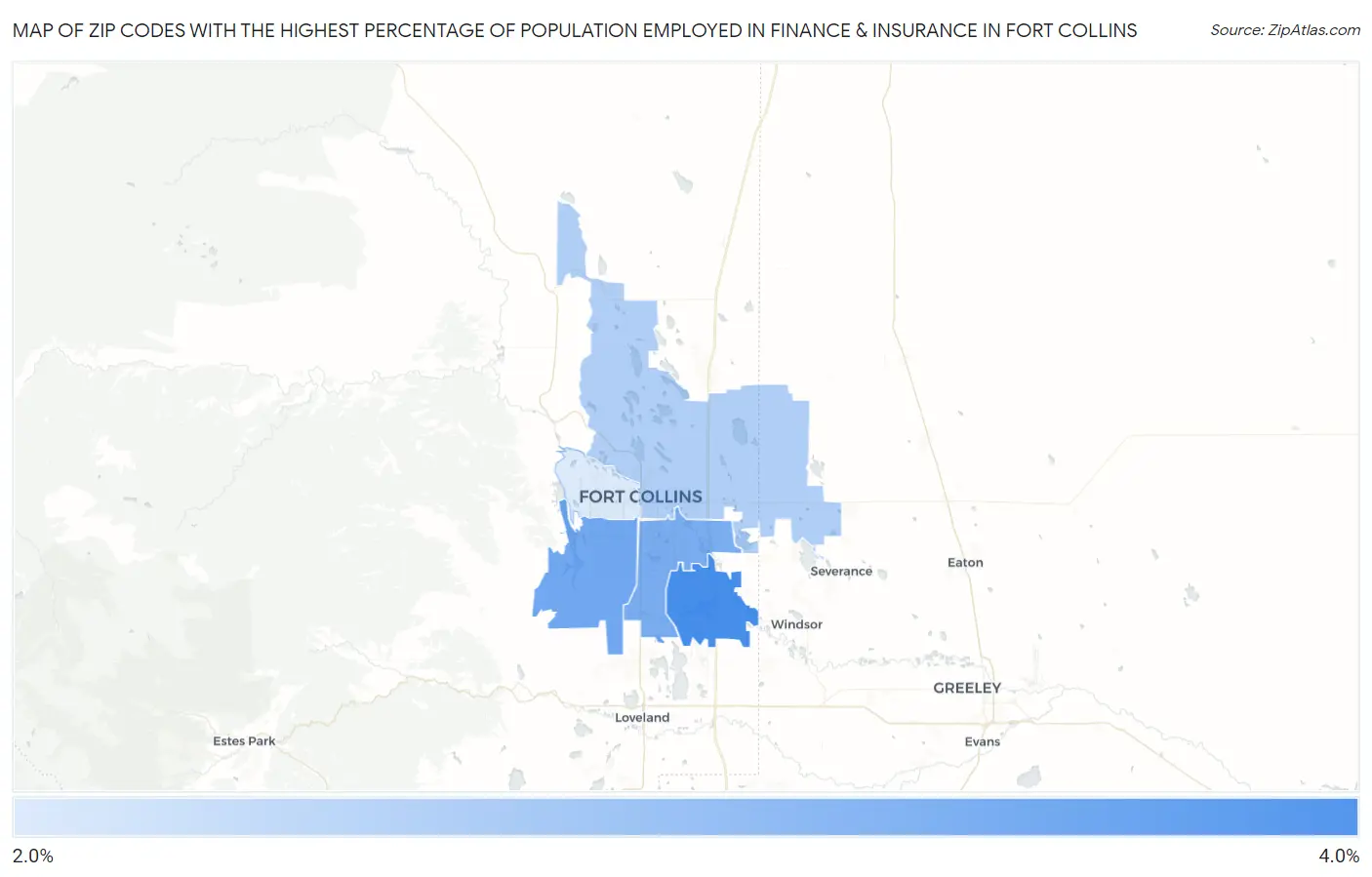 Zip Codes with the Highest Percentage of Population Employed in Finance & Insurance in Fort Collins Map