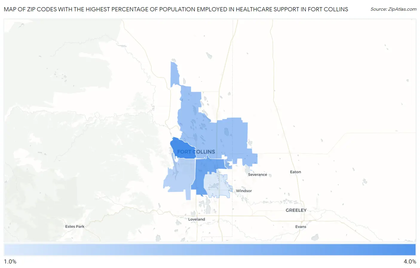 Zip Codes with the Highest Percentage of Population Employed in Healthcare Support in Fort Collins Map