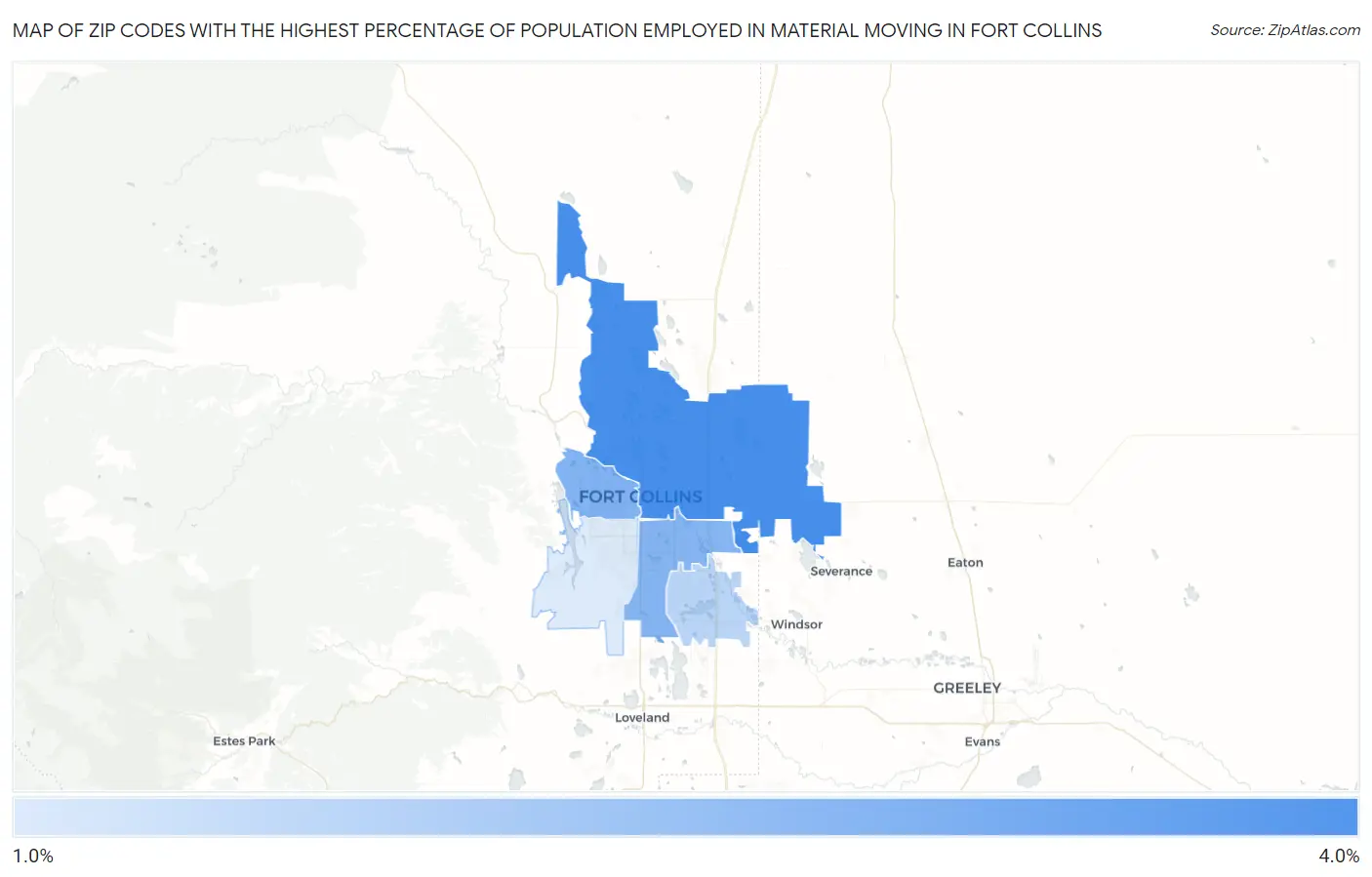Zip Codes with the Highest Percentage of Population Employed in Material Moving in Fort Collins Map