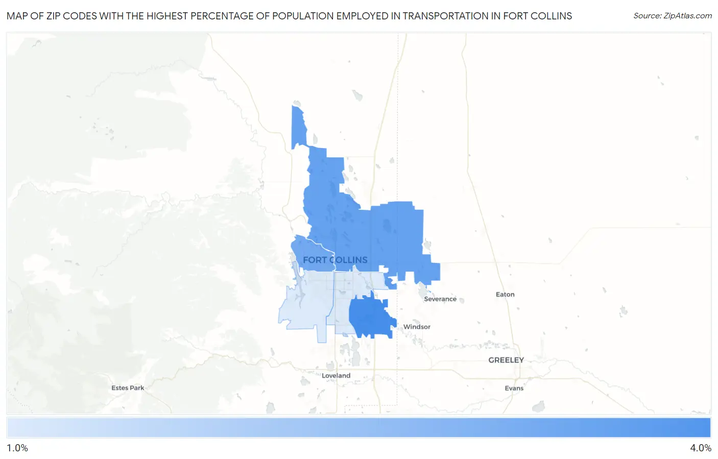 Zip Codes with the Highest Percentage of Population Employed in Transportation in Fort Collins Map