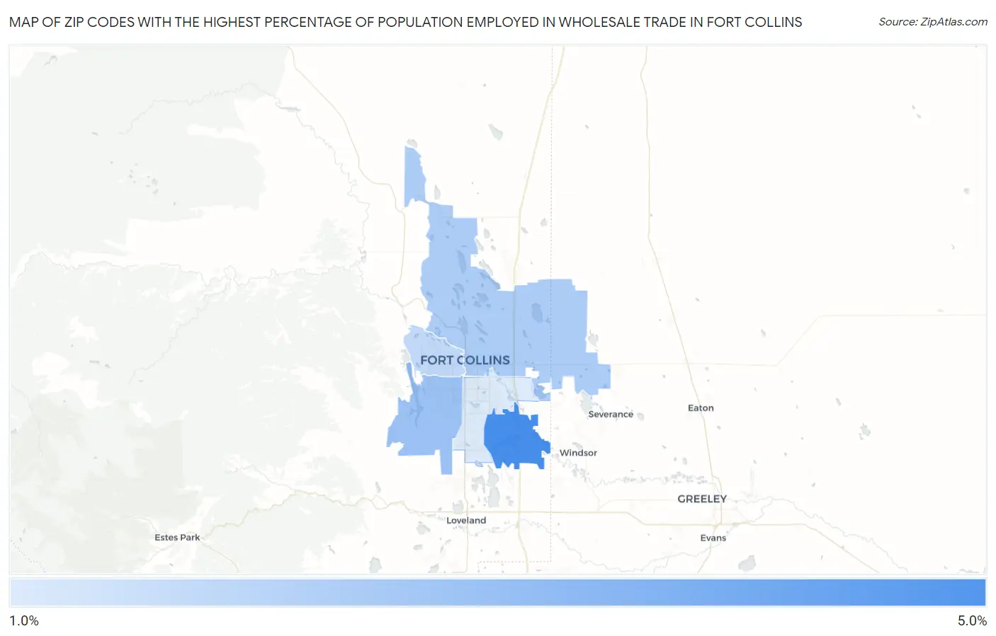 Zip Codes with the Highest Percentage of Population Employed in Wholesale Trade in Fort Collins Map