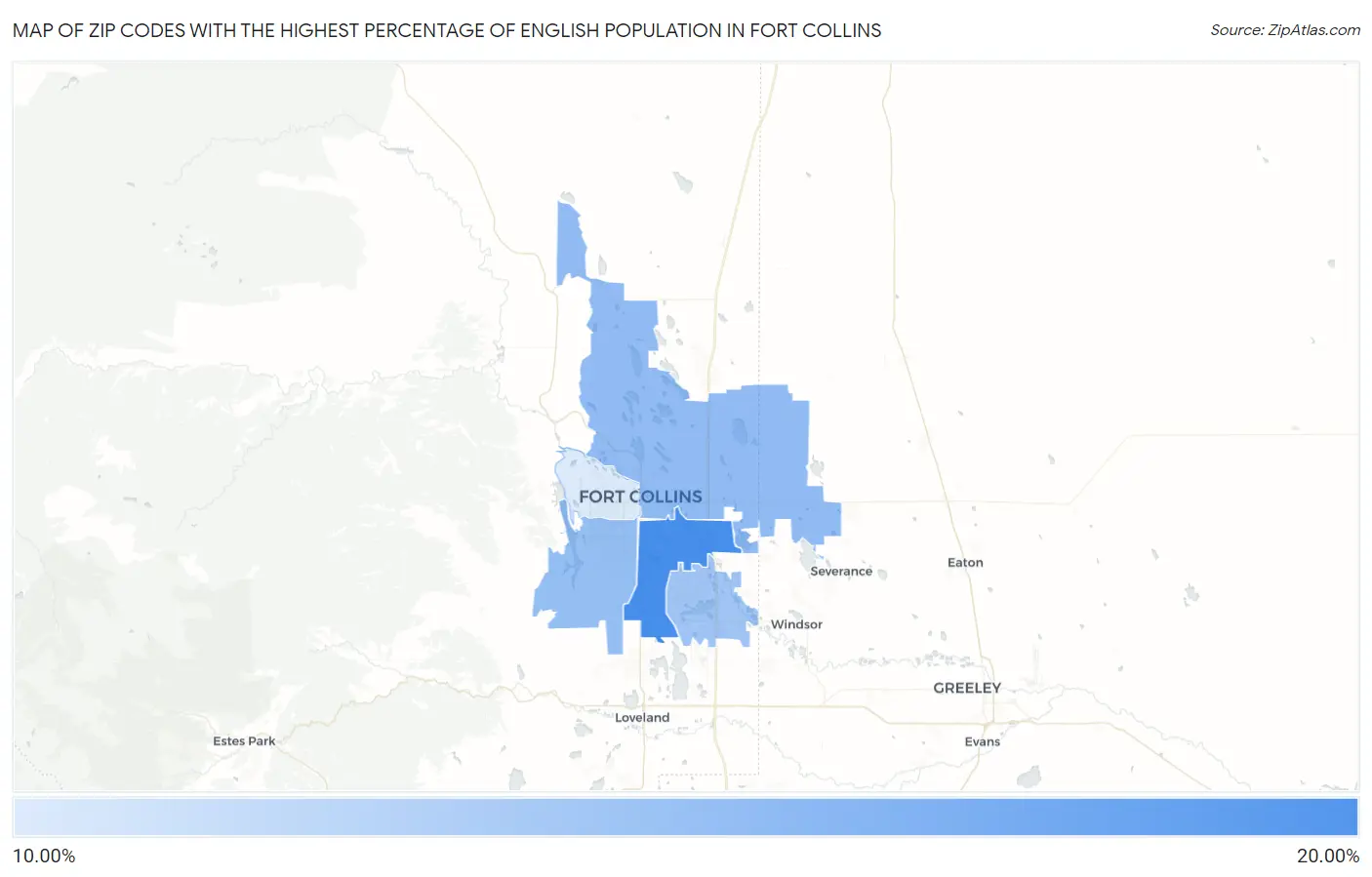 Zip Codes with the Highest Percentage of English Population in Fort Collins Map