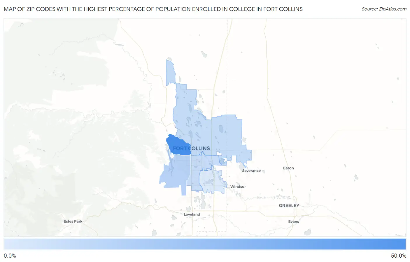 Zip Codes with the Highest Percentage of Population Enrolled in College in Fort Collins Map
