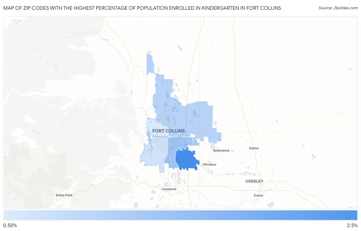 Zip Codes with the Highest Percentage of Population Enrolled in Kindergarten in Fort Collins Map