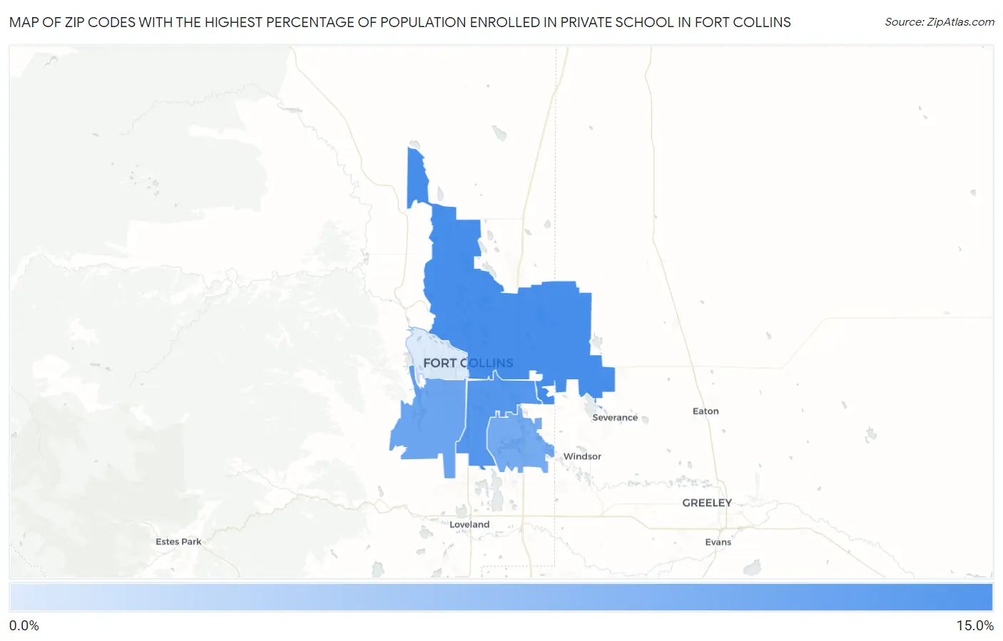 Zip Codes with the Highest Percentage of Population Enrolled in Private School in Fort Collins Map