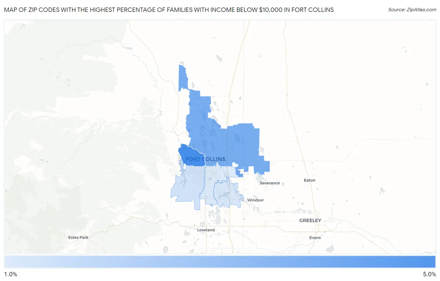 Zip Codes with the Highest Percentage of Families with Income Below $10,000 in Fort Collins Map