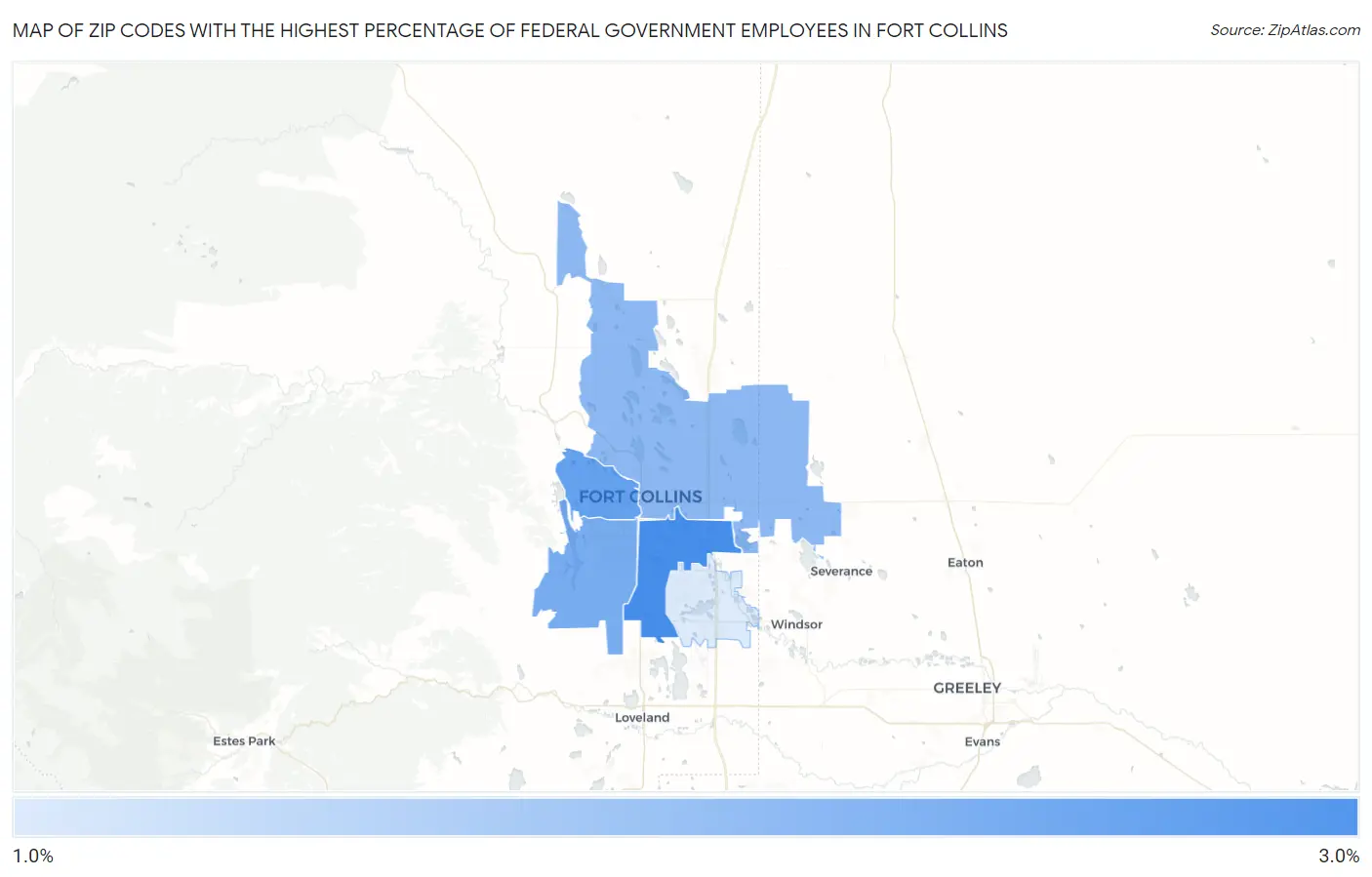 Zip Codes with the Highest Percentage of Federal Government Employees in Fort Collins Map