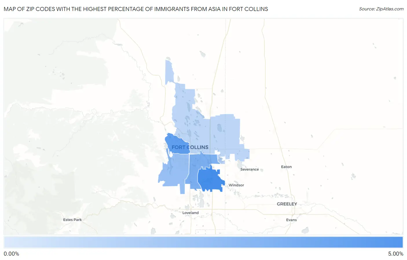 Zip Codes with the Highest Percentage of Immigrants from Asia in Fort Collins Map