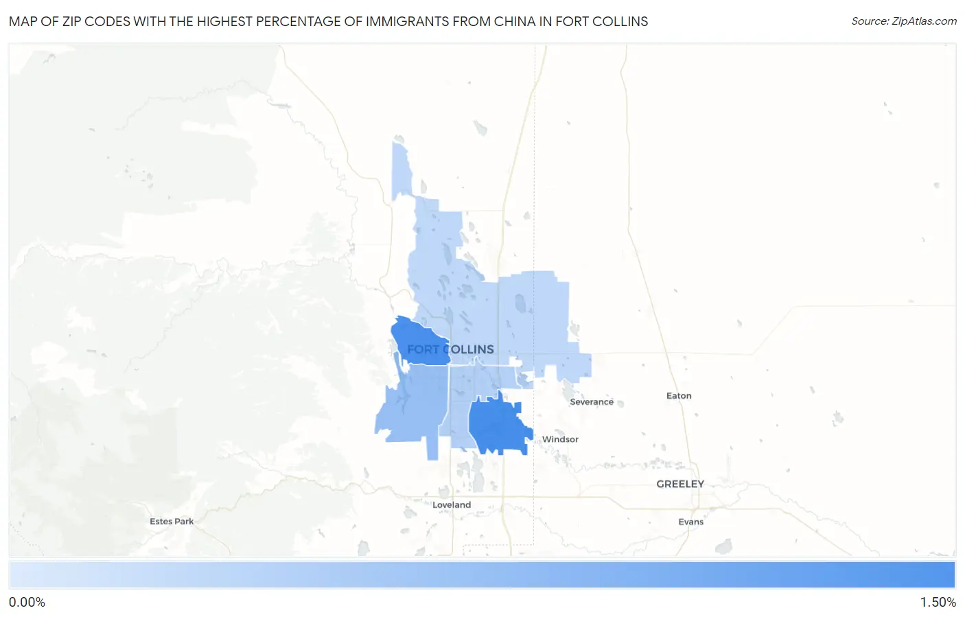 Zip Codes with the Highest Percentage of Immigrants from China in Fort Collins Map