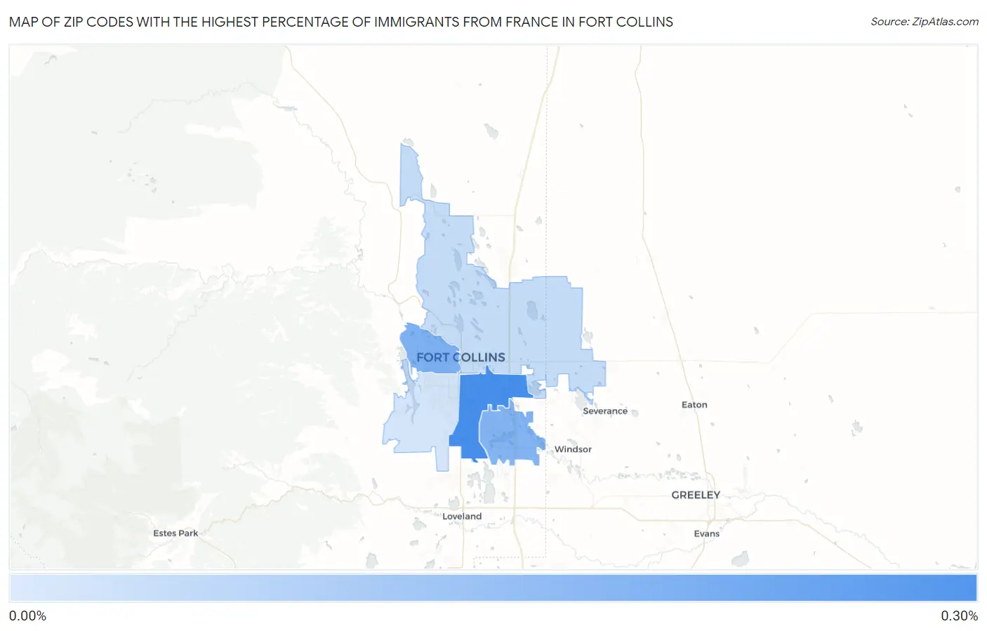 Zip Codes with the Highest Percentage of Immigrants from France in Fort Collins Map