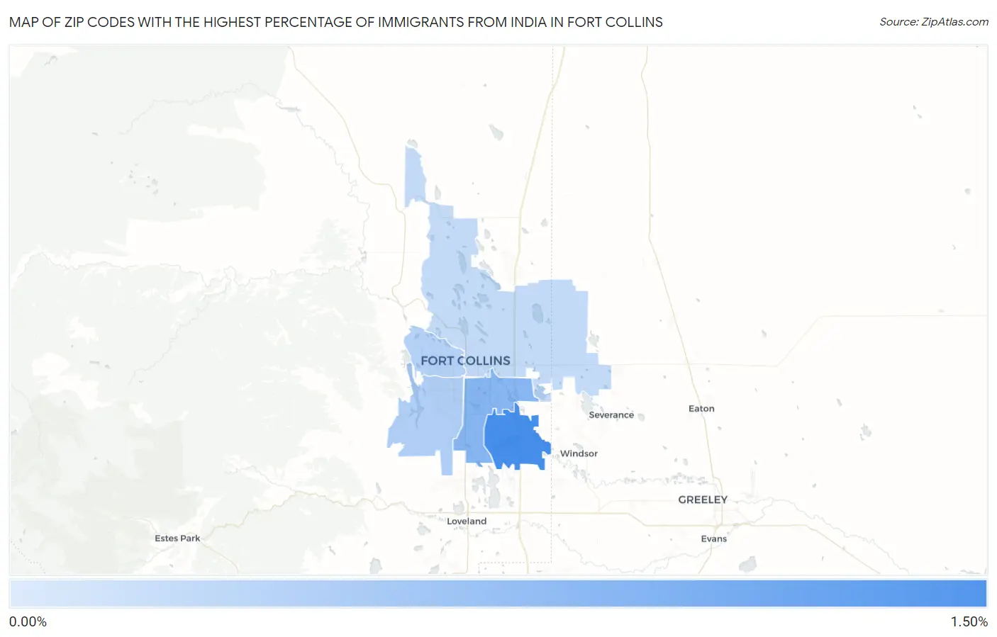 Zip Codes with the Highest Percentage of Immigrants from India in Fort Collins Map