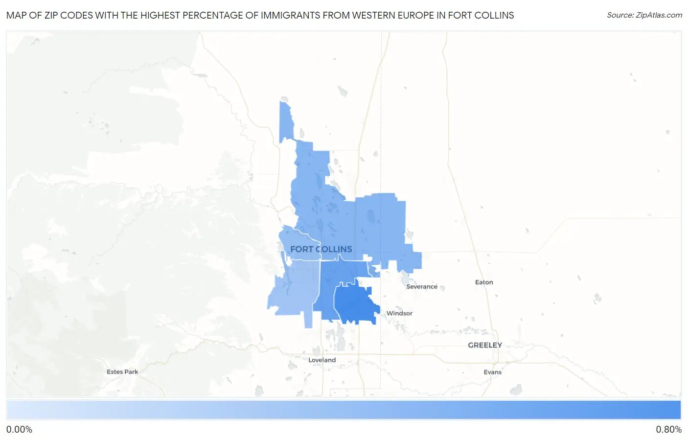 Zip Codes with the Highest Percentage of Immigrants from Western Europe in Fort Collins Map