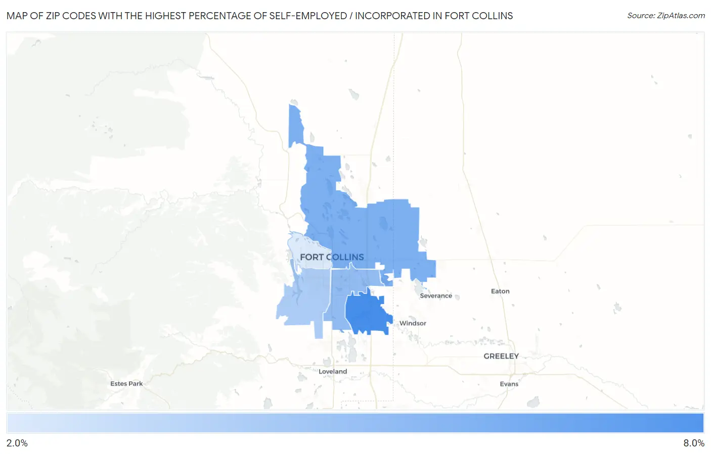 Zip Codes with the Highest Percentage of Self-Employed / Incorporated in Fort Collins Map
