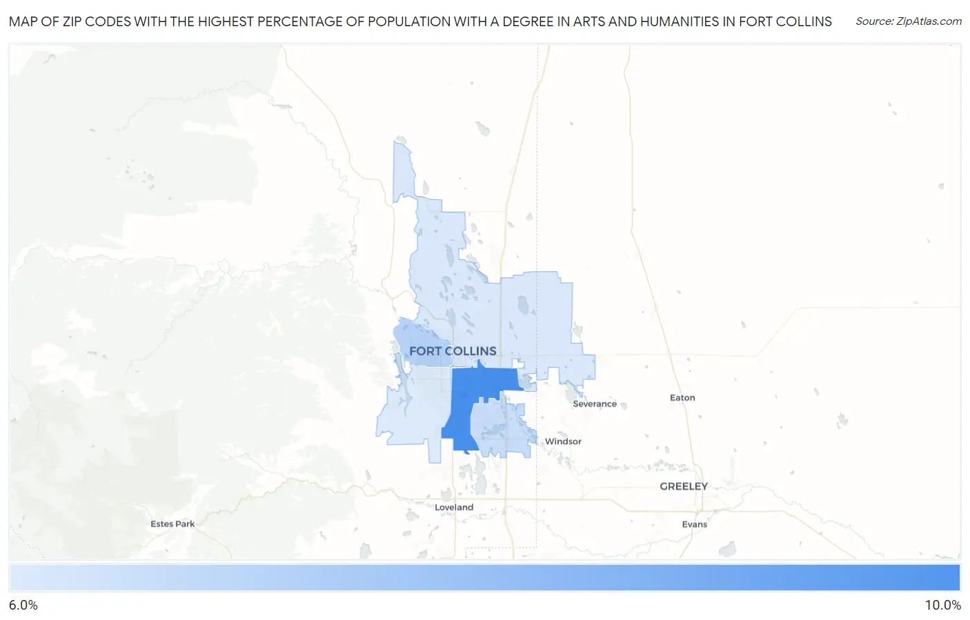 Zip Codes with the Highest Percentage of Population with a Degree in Arts and Humanities in Fort Collins Map