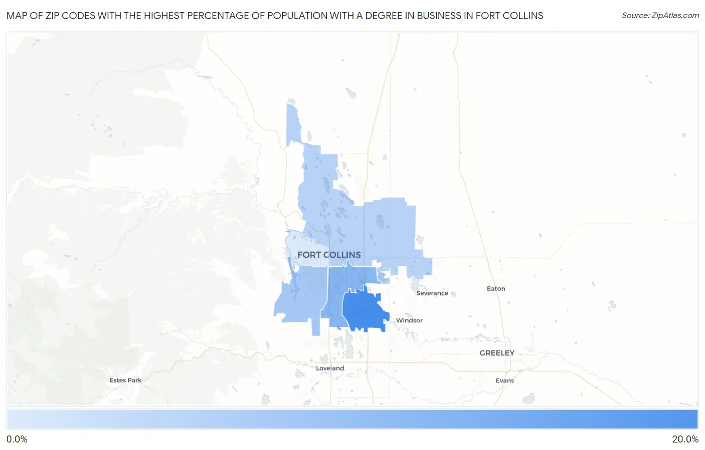 Zip Codes with the Highest Percentage of Population with a Degree in Business in Fort Collins Map