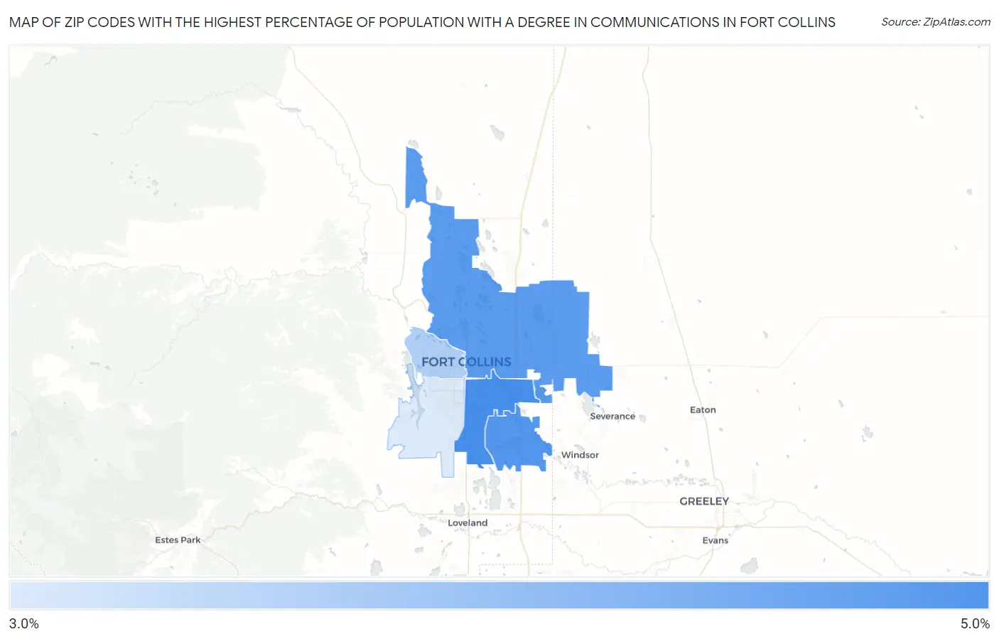 Zip Codes with the Highest Percentage of Population with a Degree in Communications in Fort Collins Map