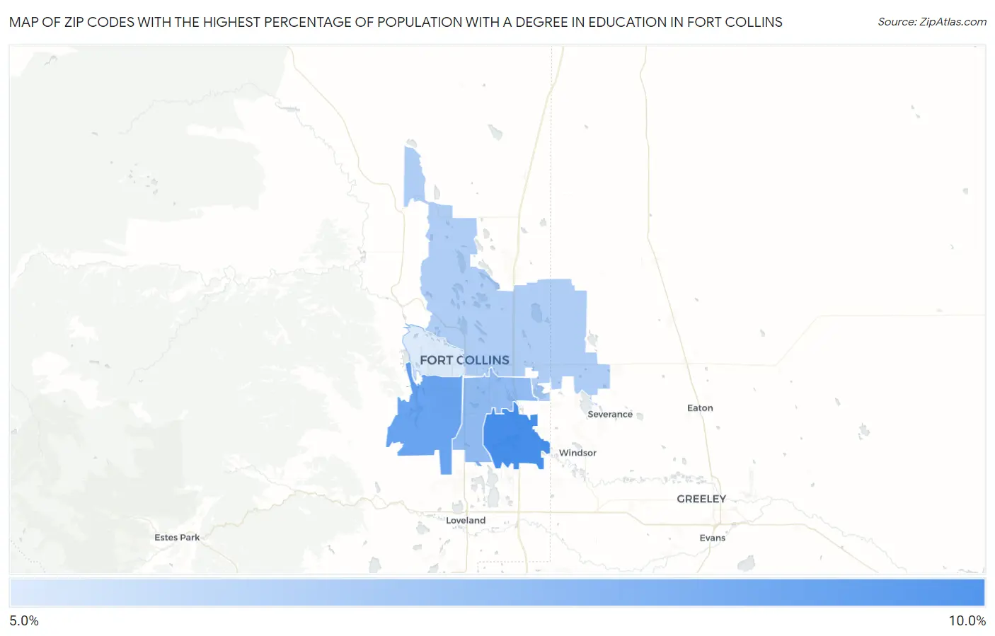 Zip Codes with the Highest Percentage of Population with a Degree in Education in Fort Collins Map