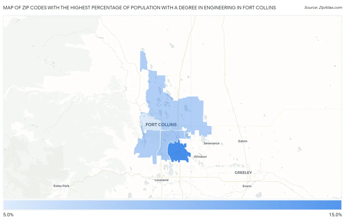 Zip Codes with the Highest Percentage of Population with a Degree in Engineering in Fort Collins Map