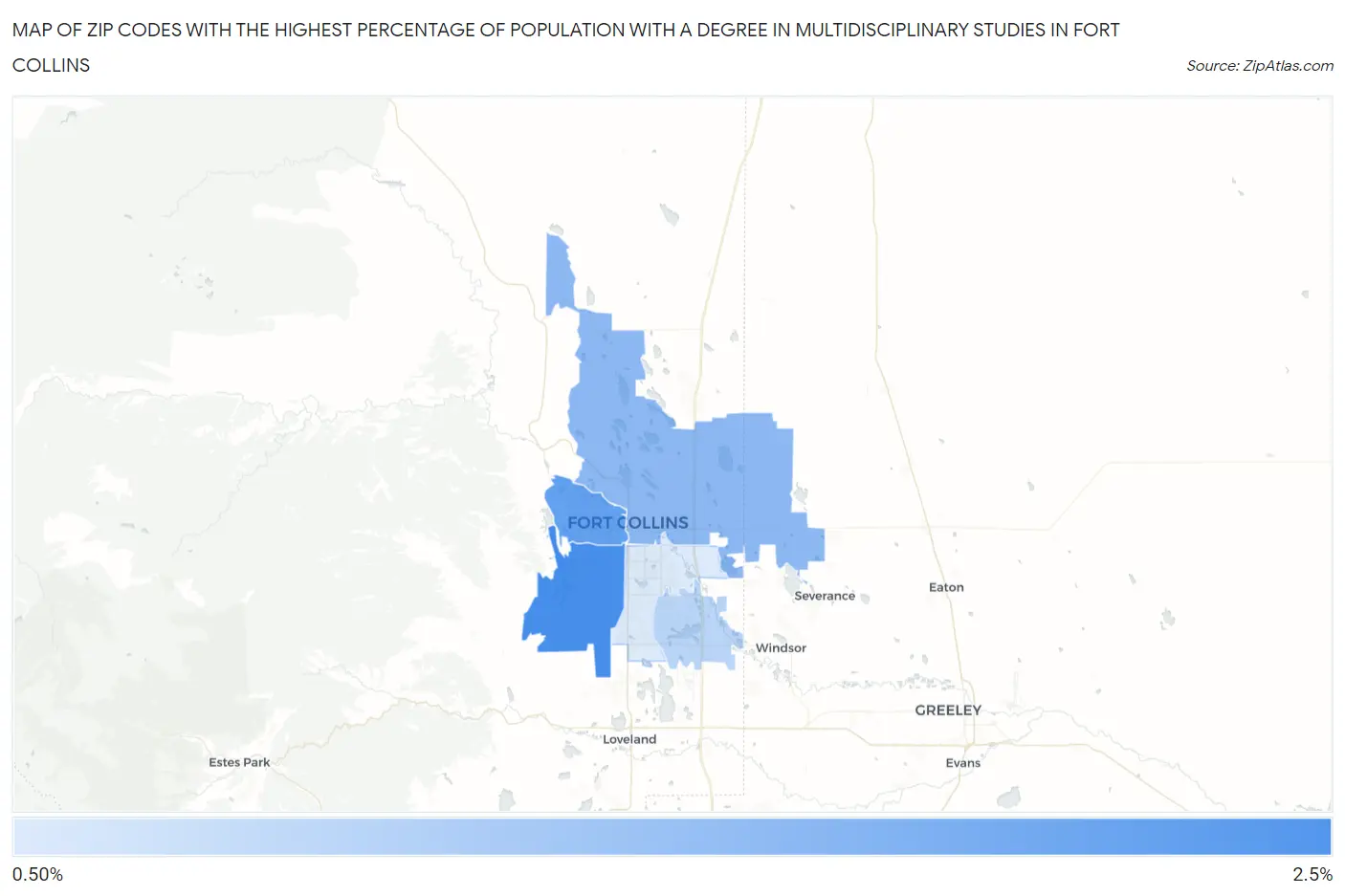 Zip Codes with the Highest Percentage of Population with a Degree in Multidisciplinary Studies in Fort Collins Map