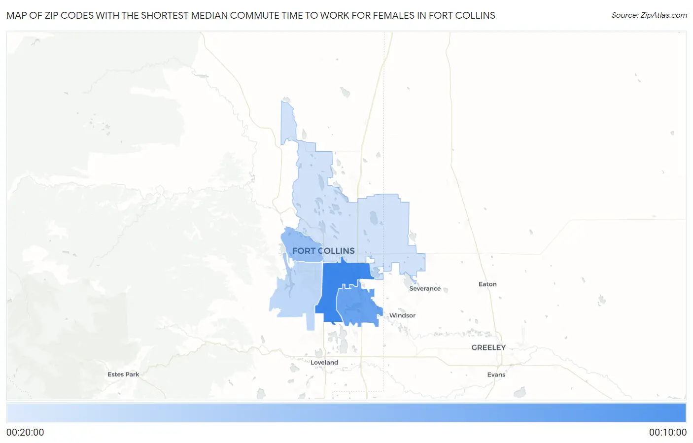 Zip Codes with the Shortest Median Commute Time to Work for Females in Fort Collins Map