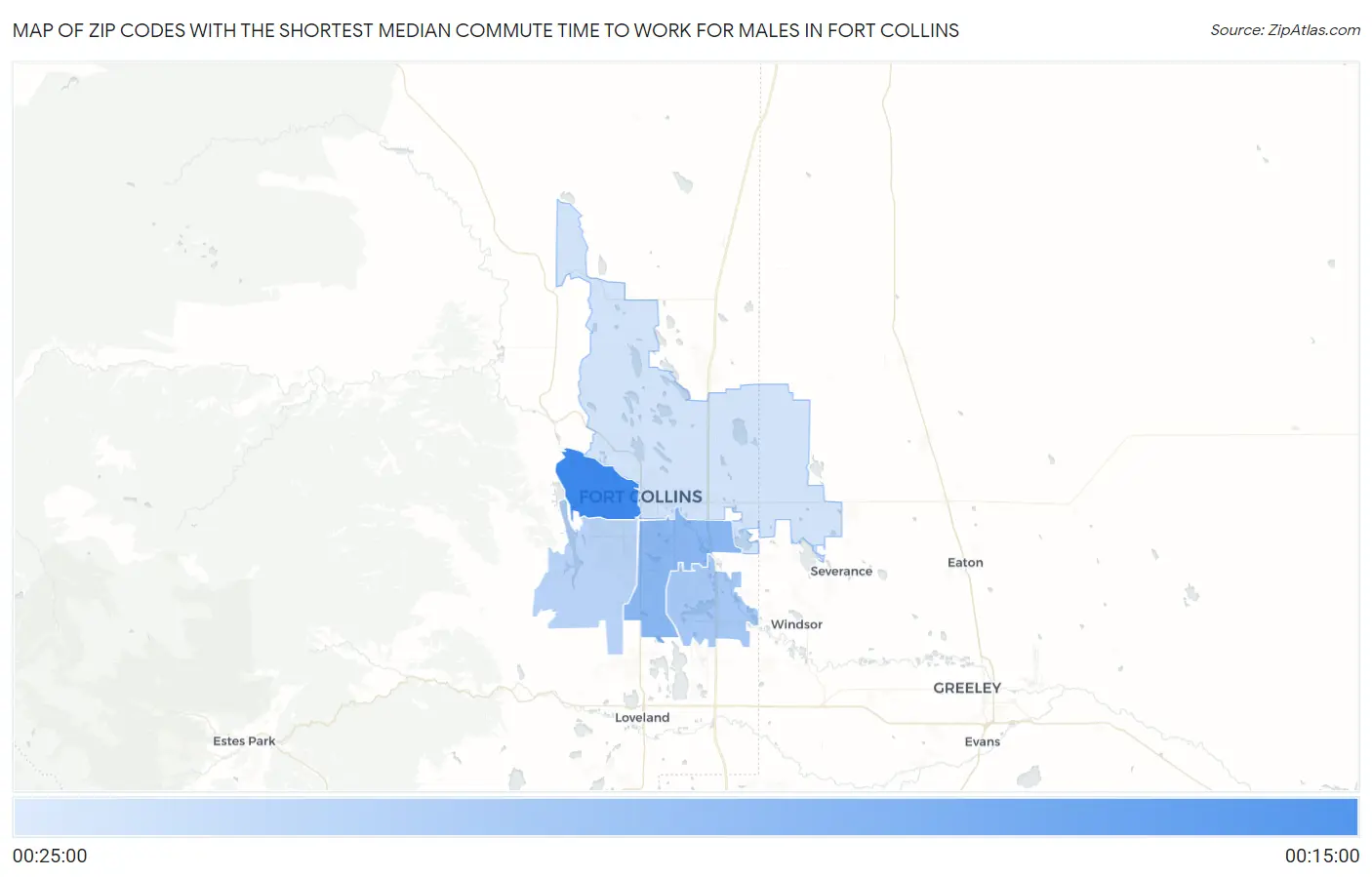 Zip Codes with the Shortest Median Commute Time to Work for Males in Fort Collins Map