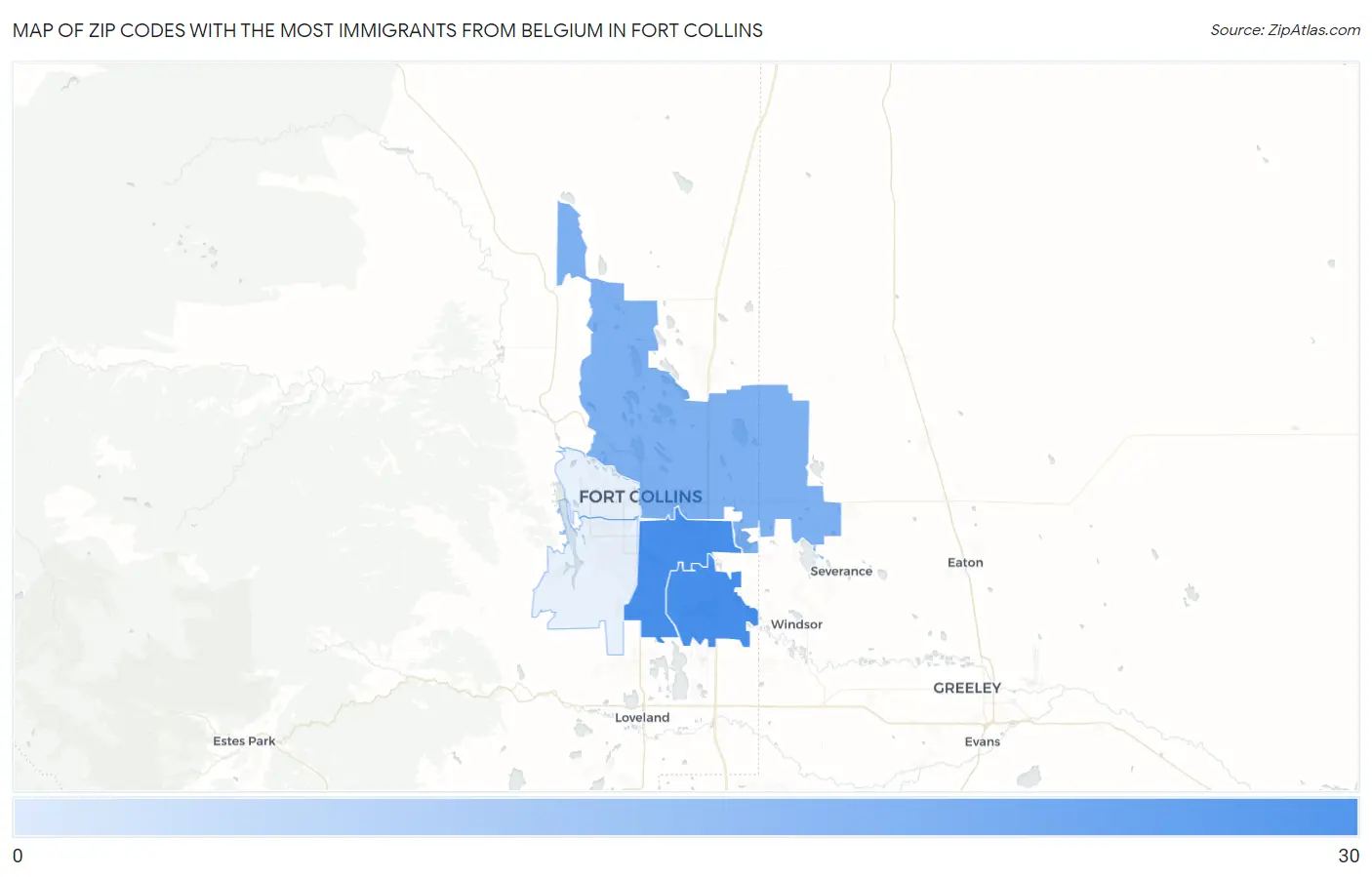 Zip Codes with the Most Immigrants from Belgium in Fort Collins Map