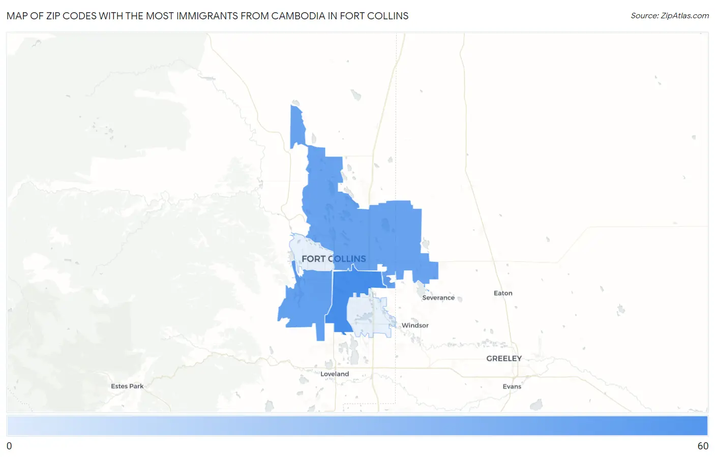 Zip Codes with the Most Immigrants from Cambodia in Fort Collins Map