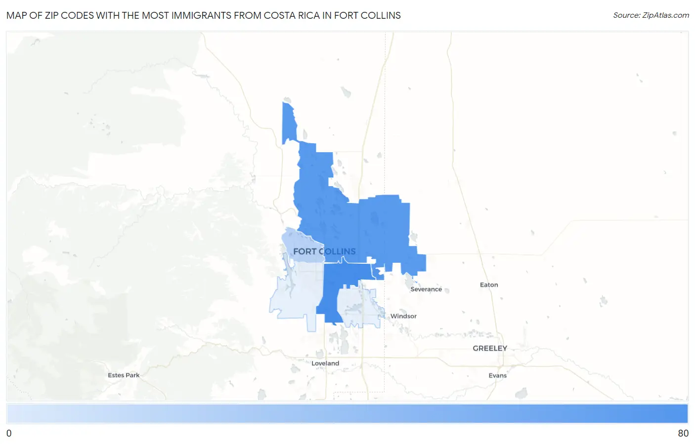 Zip Codes with the Most Immigrants from Costa Rica in Fort Collins Map