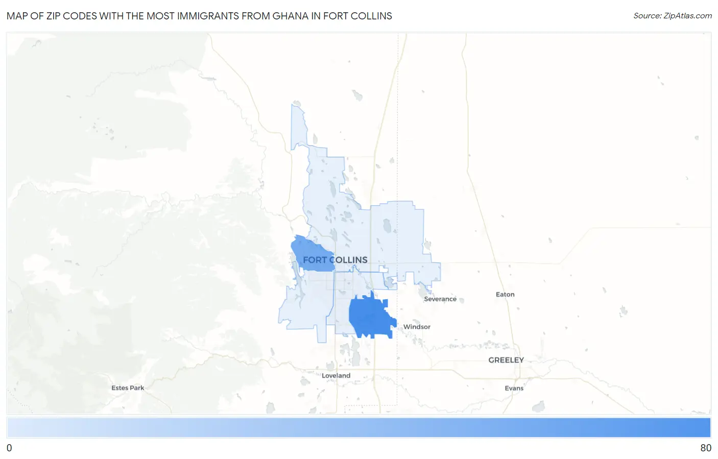 Zip Codes with the Most Immigrants from Ghana in Fort Collins Map