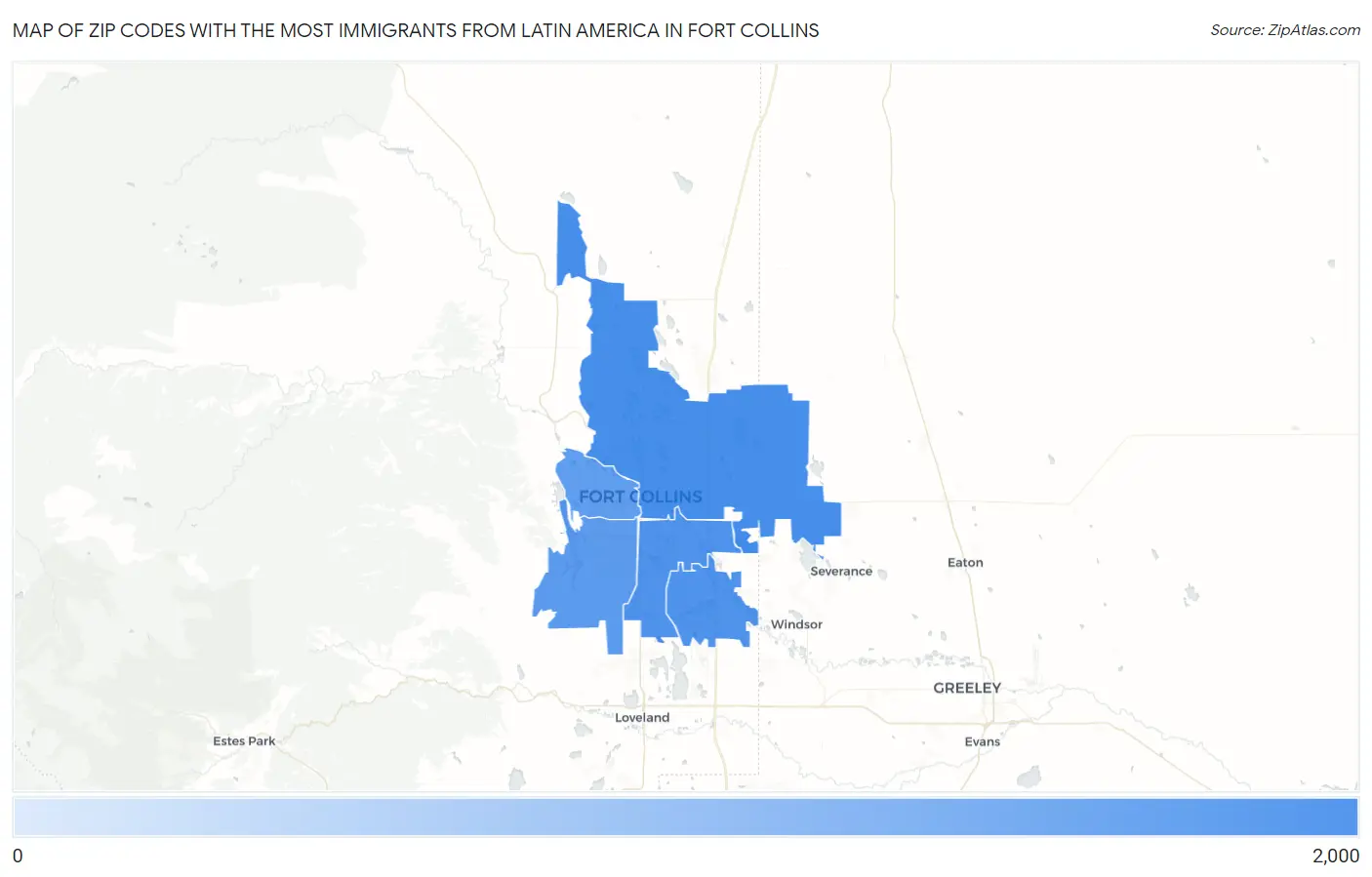 Zip Codes with the Most Immigrants from Latin America in Fort Collins Map