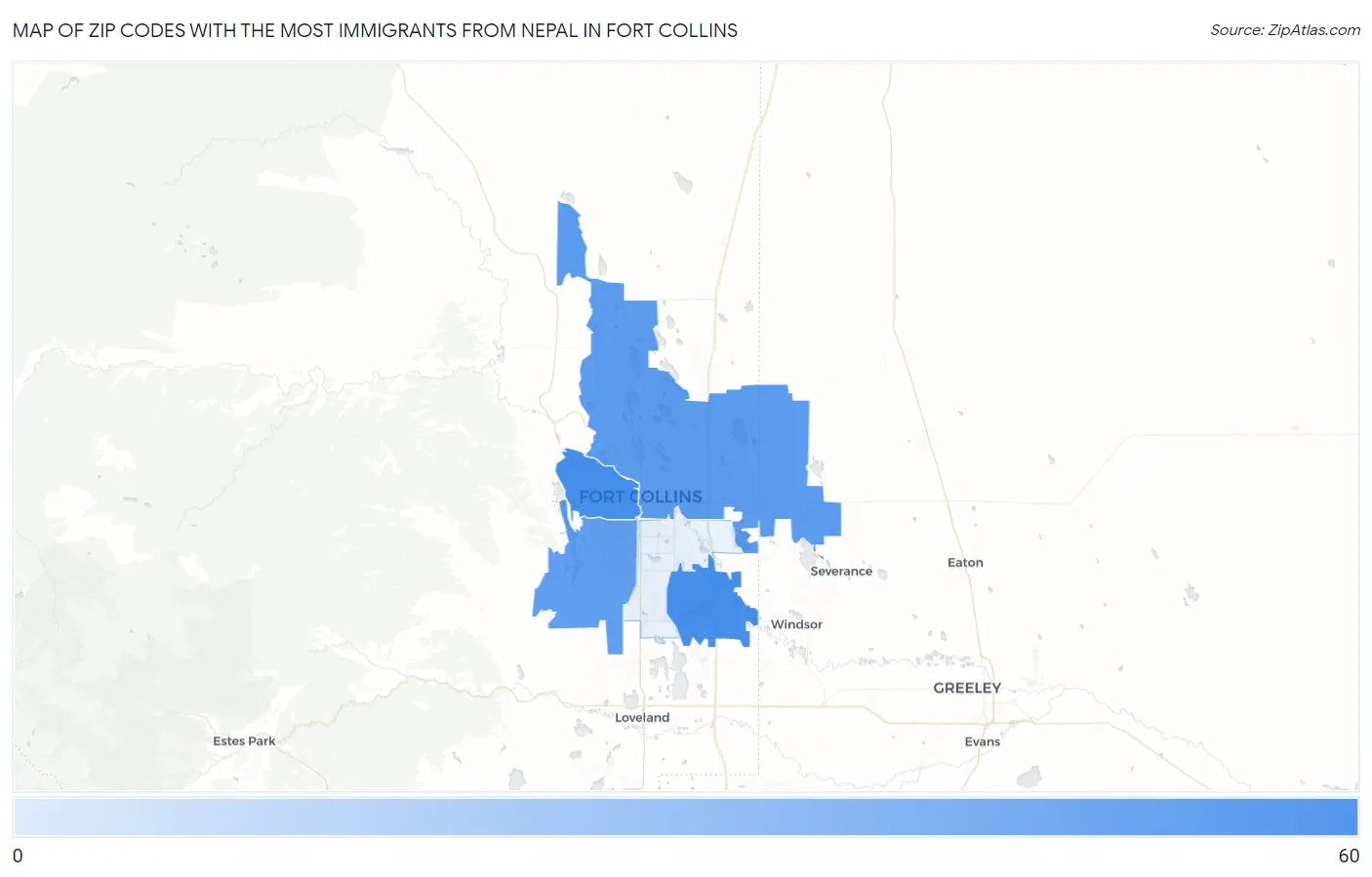 Zip Codes with the Most Immigrants from Nepal in Fort Collins Map