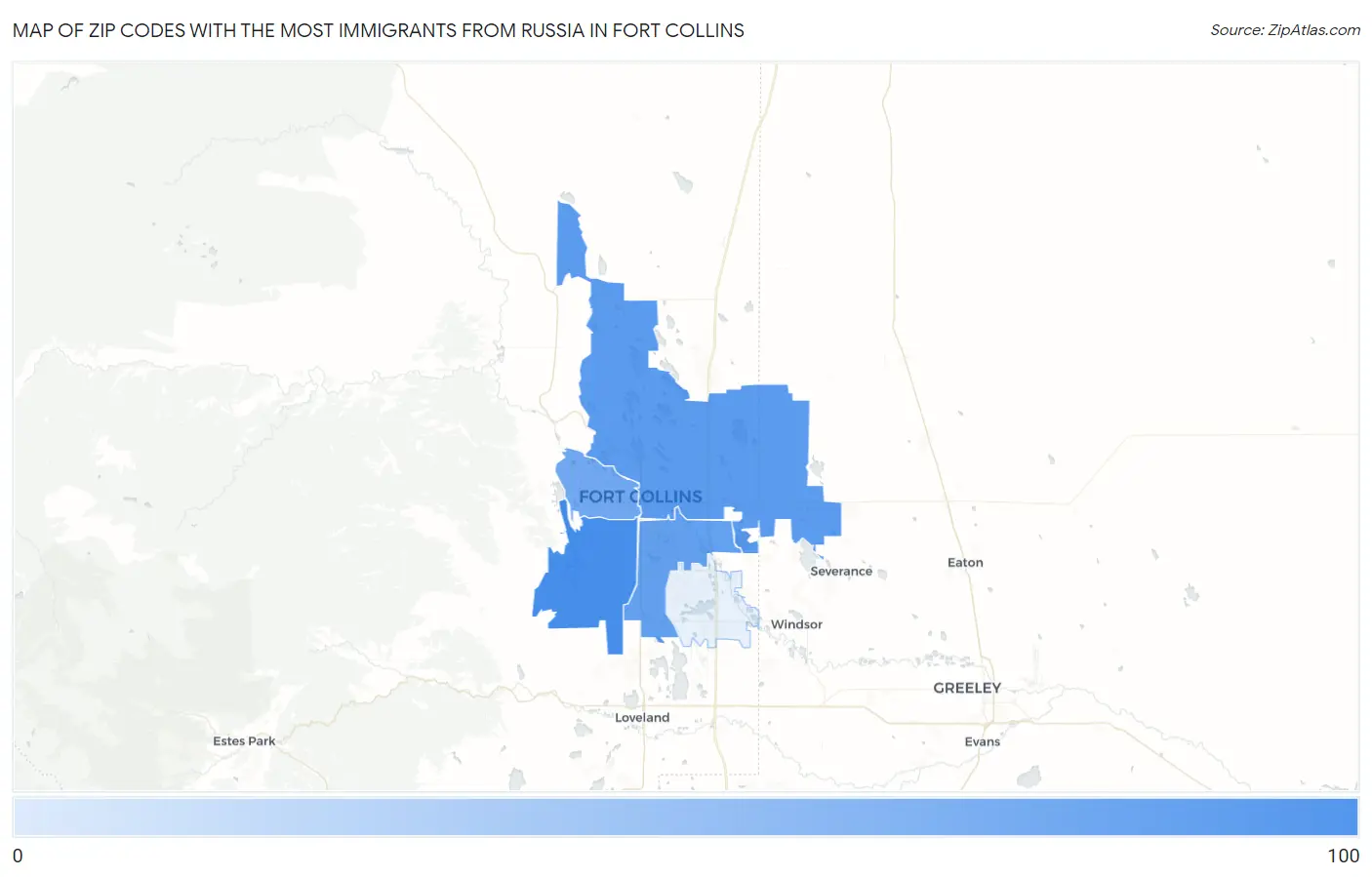 Zip Codes with the Most Immigrants from Russia in Fort Collins Map