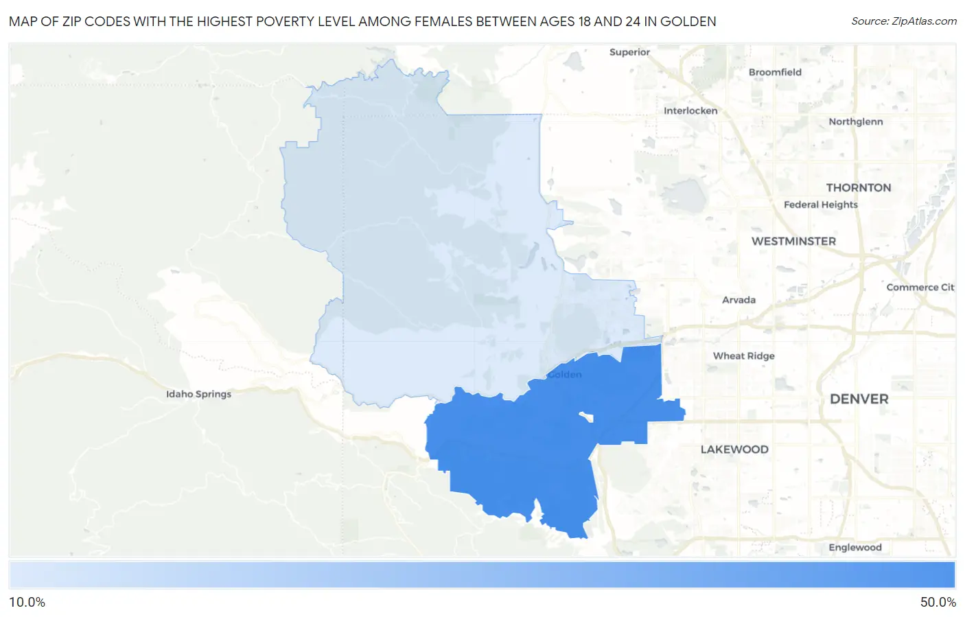 Zip Codes with the Highest Poverty Level Among Females Between Ages 18 and 24 in Golden Map