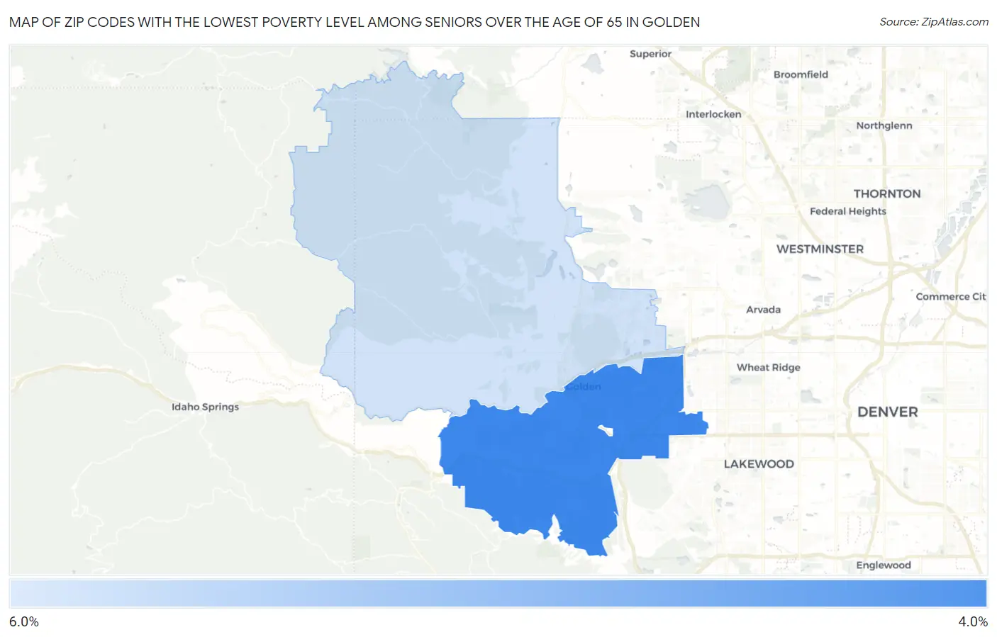 Zip Codes with the Lowest Poverty Level Among Seniors Over the Age of 65 in Golden Map