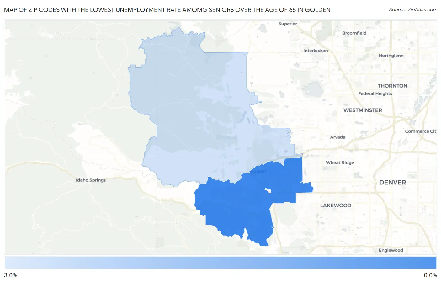 Zip Codes with the Lowest Unemployment Rate Amomg Seniors Over the Age of 65 in Golden Map