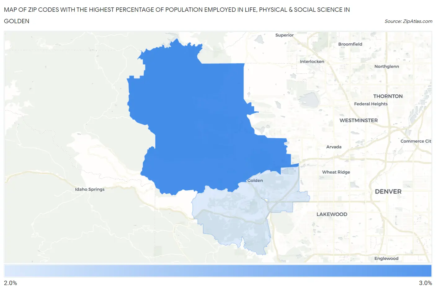 Zip Codes with the Highest Percentage of Population Employed in Life, Physical & Social Science in Golden Map