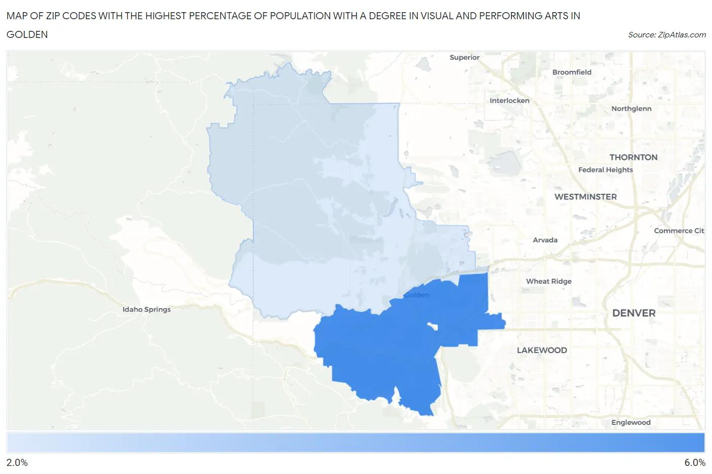 Zip Codes with the Highest Percentage of Population with a Degree in Visual and Performing Arts in Golden Map