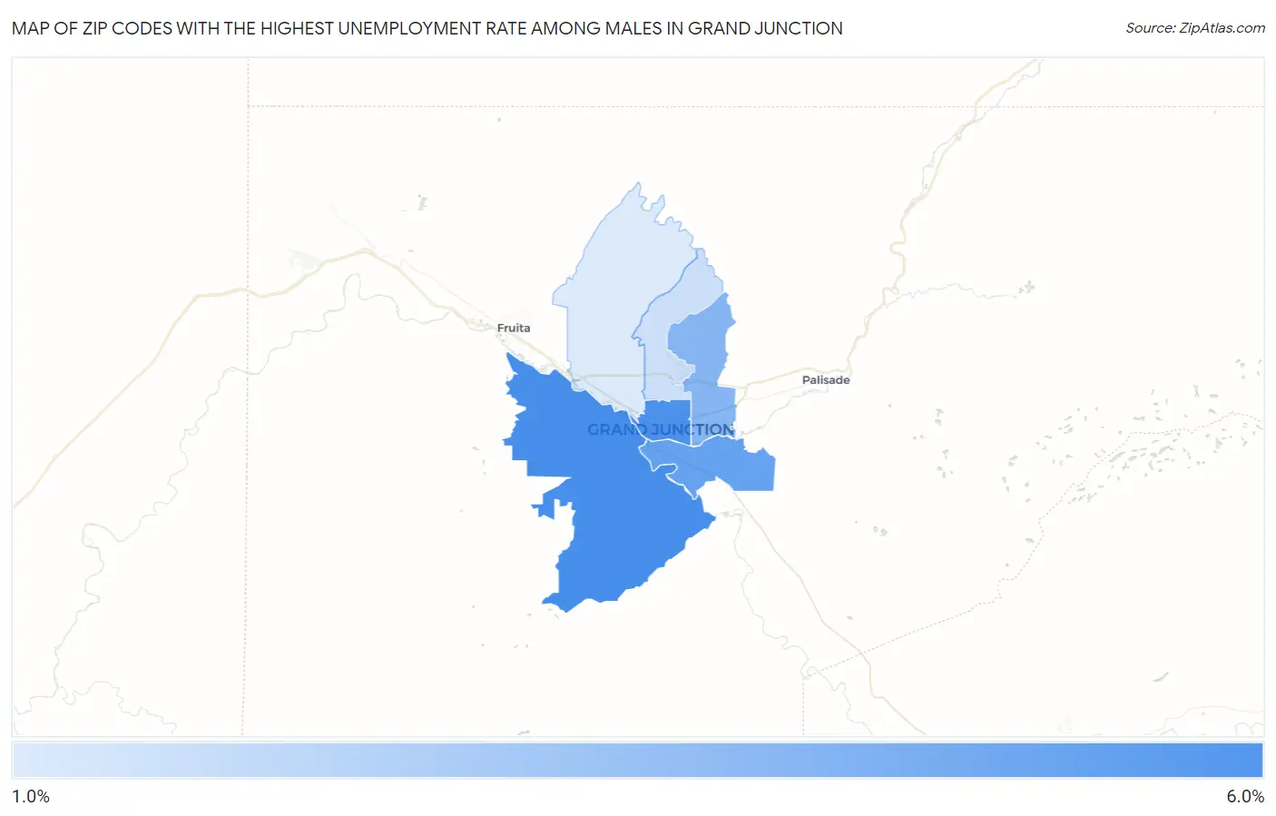 Zip Codes with the Highest Unemployment Rate Among Males in Grand Junction Map