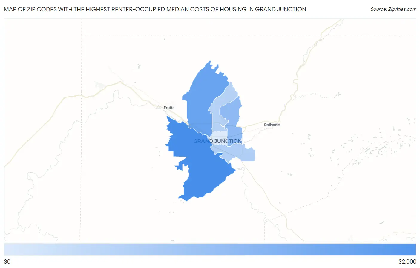 Zip Codes with the Highest Renter-Occupied Median Costs of Housing in Grand Junction Map
