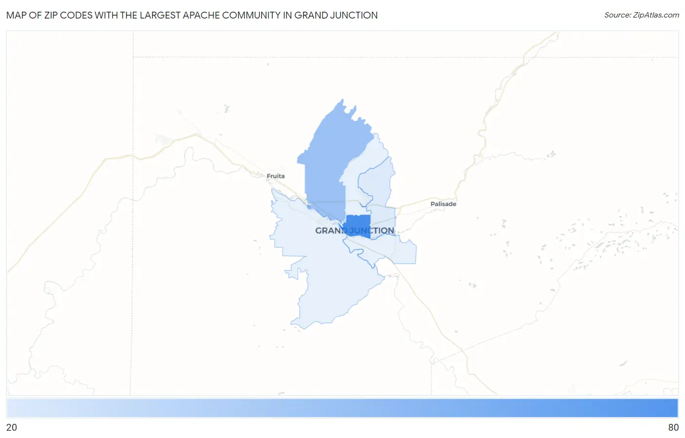 Zip Codes with the Largest Apache Community in Grand Junction Map