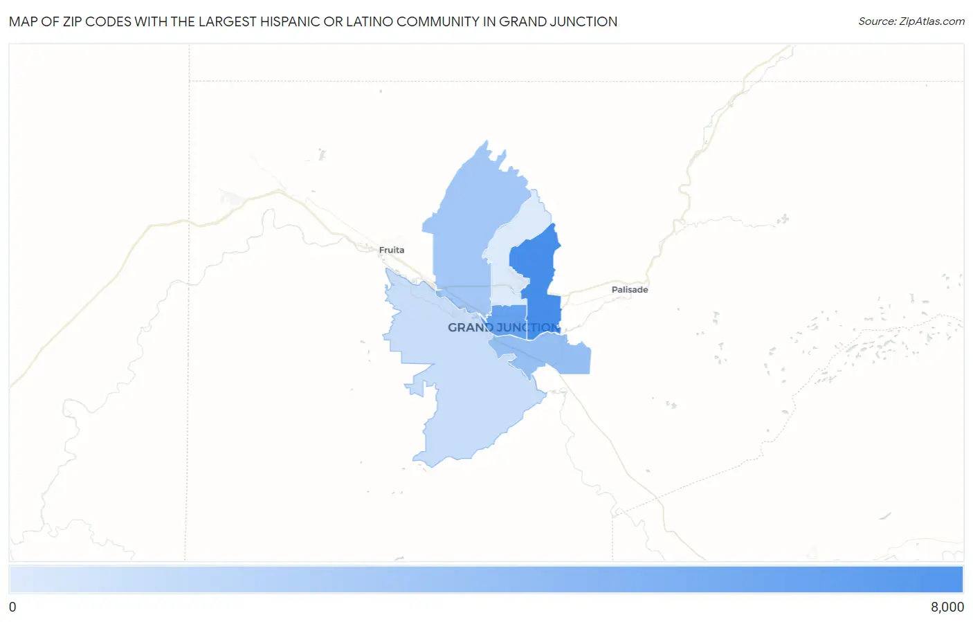 Zip Codes with the Largest Hispanic or Latino Community in Grand Junction Map