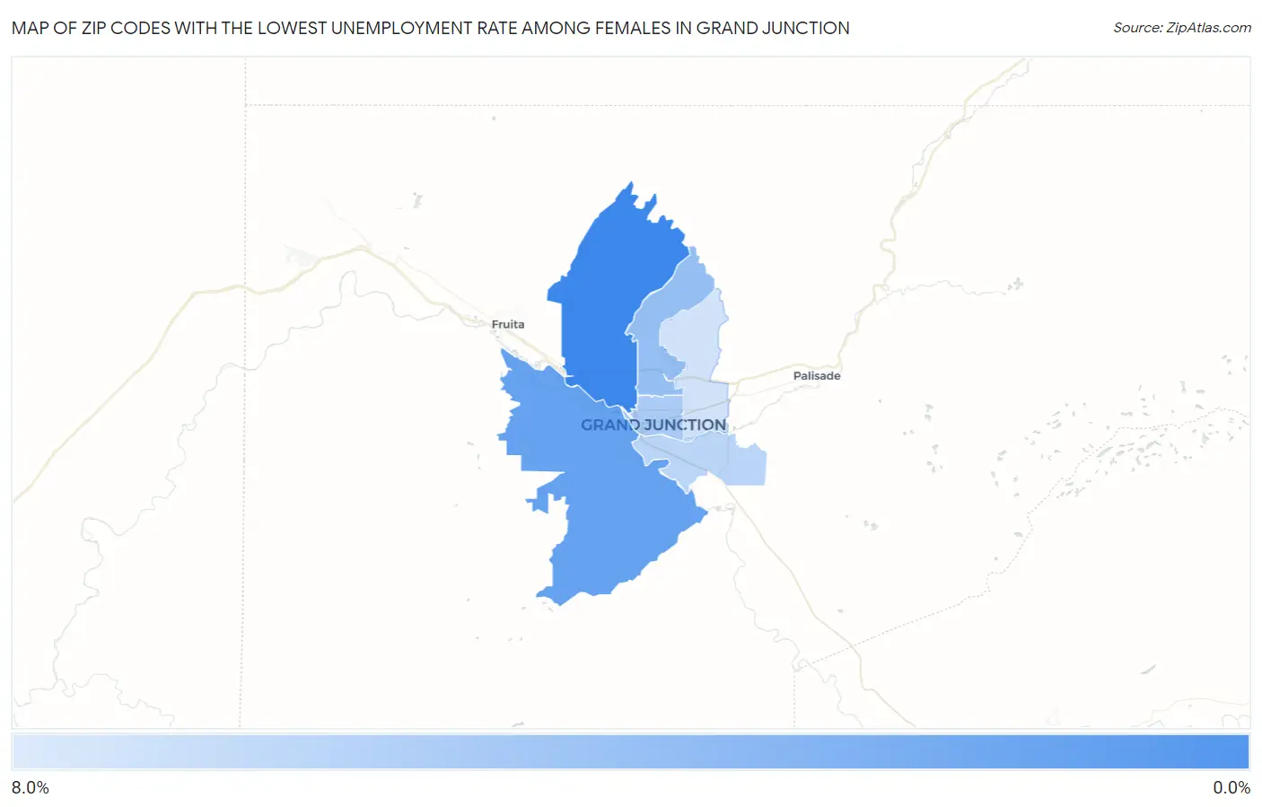 Zip Codes with the Lowest Unemployment Rate Among Females in Grand Junction Map